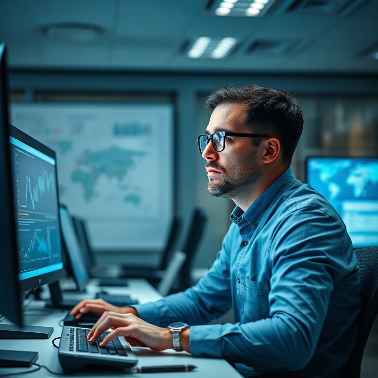 Um empresário frustrado olhando para várias planilhas complexas e desconectadas em um computador, com gráficos confusos e números que não fazem sentido, em um escritório moderno, com tons de azul e cinza, iluminação suave, atmosfera de preocupação, ultra realista, altamente detalhado, 8k quality, photorealistic